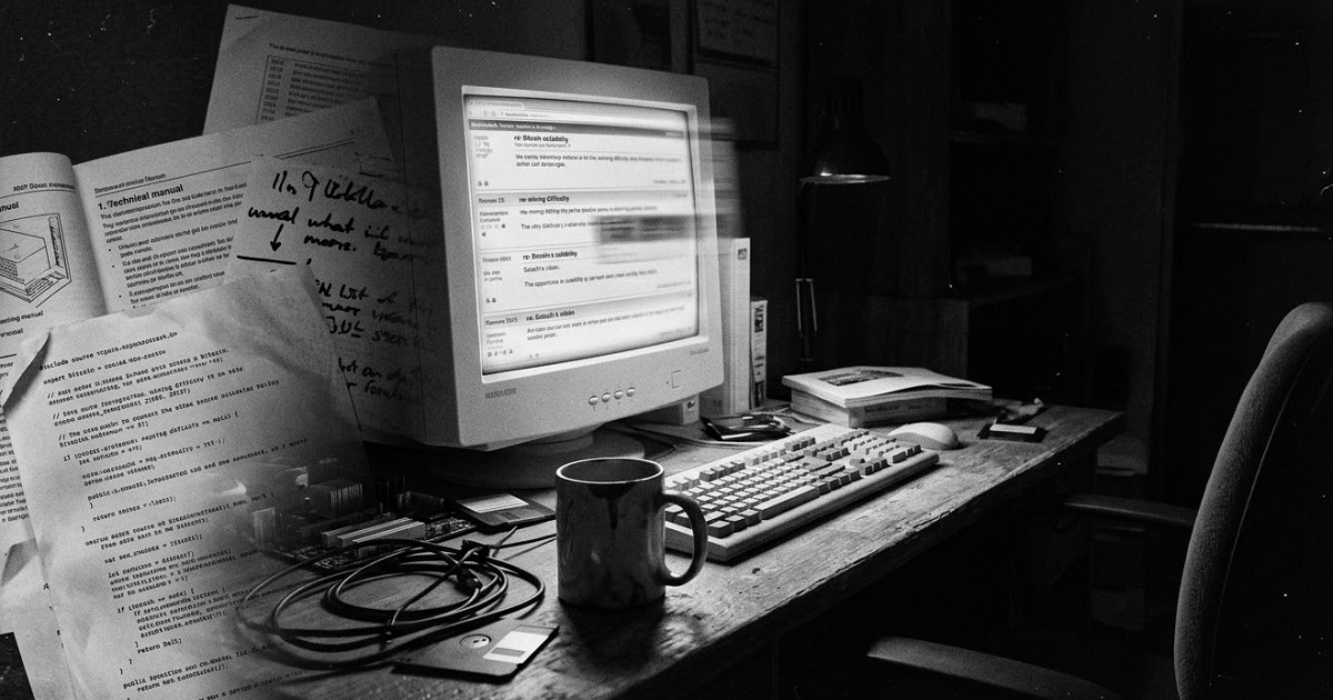 Grainy black-and-white composite image of old desktop computers, a coffee cup, and blurred forum text symbolizing the anonymous late-night work of early Bitcoin developers.